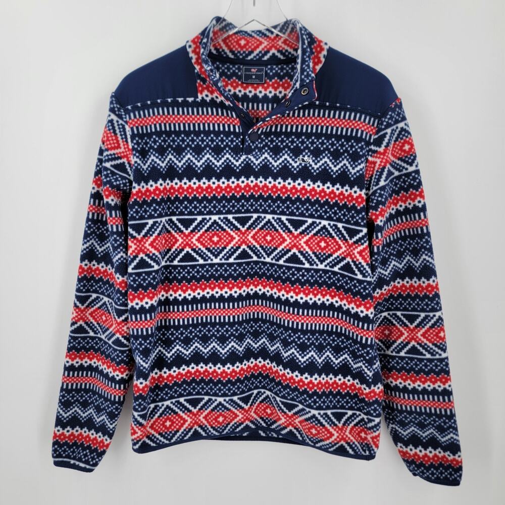 Vineyard Vines Fleece Pullover Mens Medium Quarter Snap Button Up Blue Red White